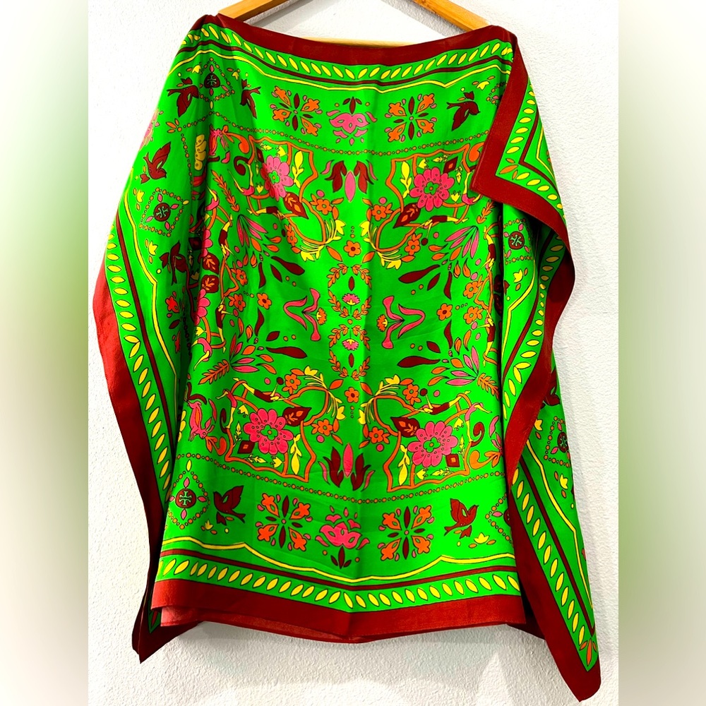 Tory Burch Logo Floral Print Silk Short Caftan Top